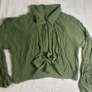 Olive Green Tie Front Cropped Blouse Size XL Boho